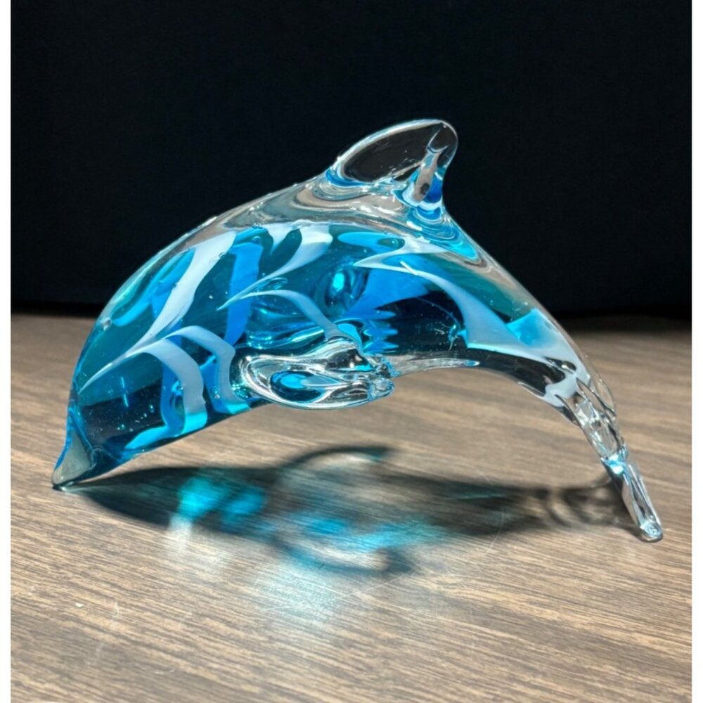 Hand Blown Glass Dolphin Figurine Blue & Clear Glass